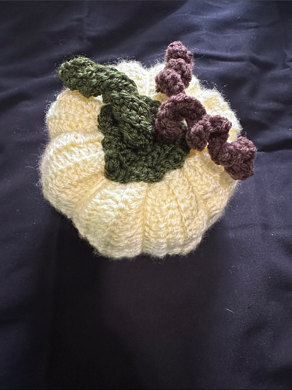 Cream Crochet Pumpkin Accent with Green Stem and Brown Vine - Home Accents